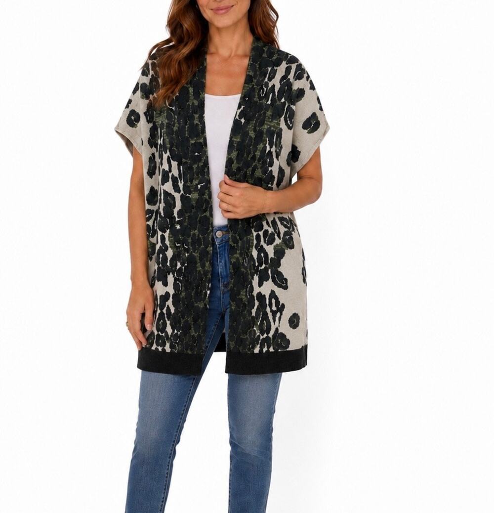 VERTIGO Open Front Leopard Print Cardigan Knit Sweater size Medium Boho Casual